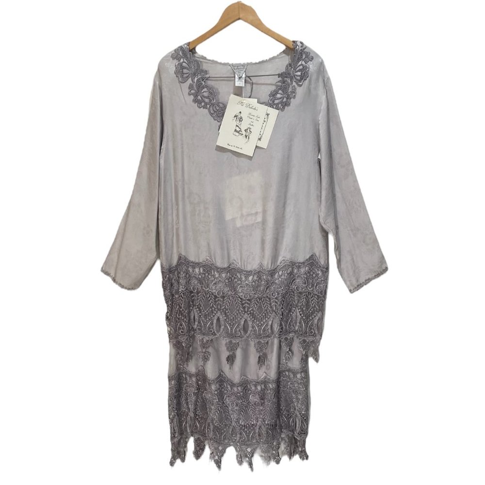 PAT DAHNKE Wisteria Silk Queen Isabel Top & Tea Length Skirt Taupe Large NWT